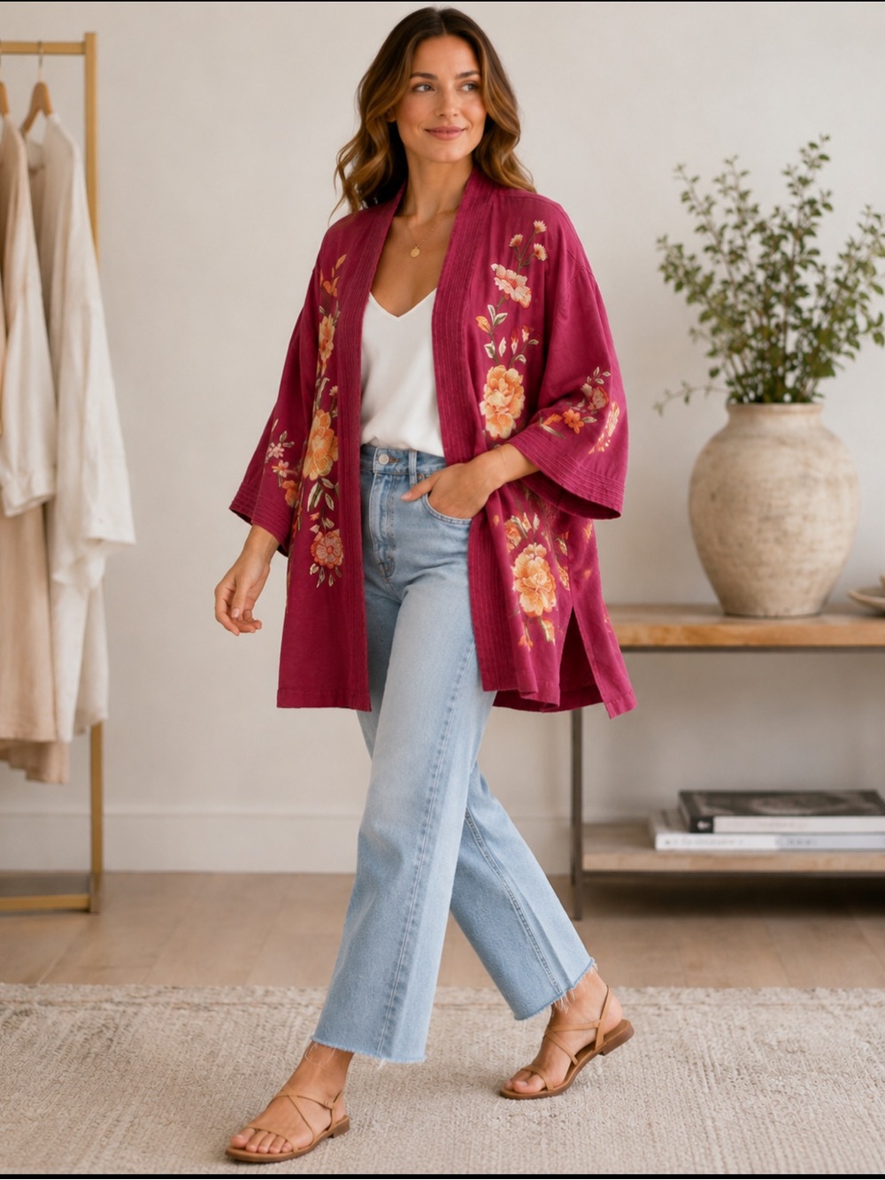Johnny Was Los Angeles Magenta Floral Embroidered 100% Linen Kimono Jacket M